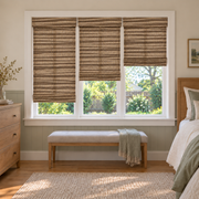 Custom Solenne 3 Shades on 1 Headrail Bamboo Shades - Chestnut - 3 independently raised panels in a bedroom