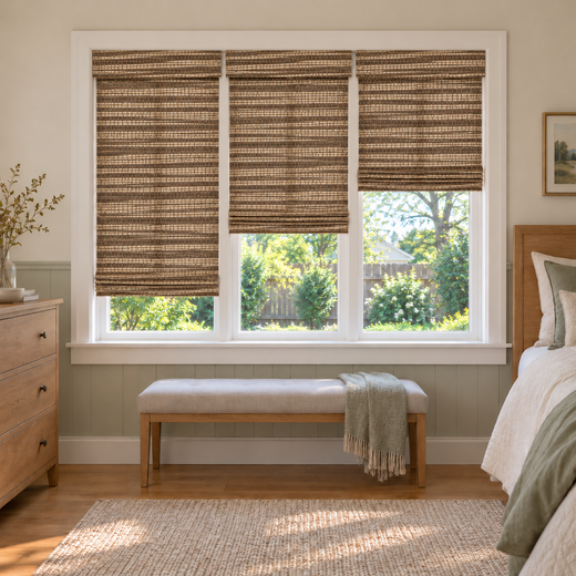 Custom Solenne 3 Shades on 1 Headrail Bamboo Shades - Chestnut - 3 independently raised panels in a bedroom