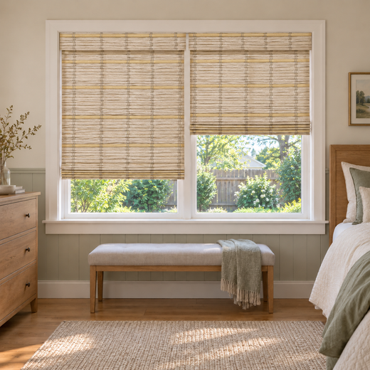 Custom Solenne 2 Shades on 1 Headrail Bamboo Shades - Warm Beige - 2 independently raised panels in a bedroom