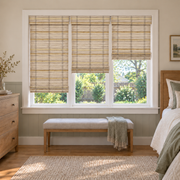 Custom Solenne 3 Shades on 1 Headrail Bamboo Shades - Warm Beige - 3 independently raised panels in a bedroom