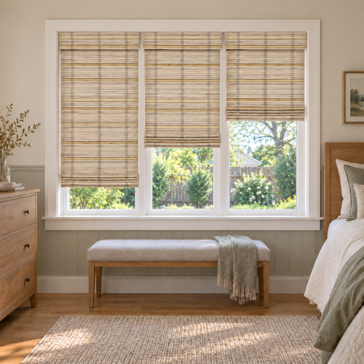Custom Solenne 3 Shades on 1 Headrail Bamboo Shades - Warm Beige - 3 independently raised panels in a bedroom
