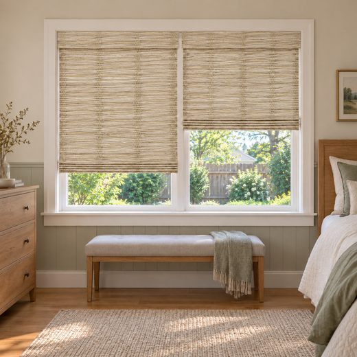 Custom Solenne 2 Shades on 1 Headrail Bamboo Shades - Pale Almond - 2 independently raised panels in a bedroom