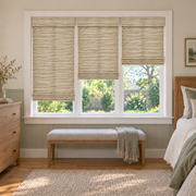 Custom Solenne 3 Shades on 1 Headrail Bamboo Shades - Pale Almond - 3 independently raised panels in a bedroom