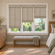 Custom Solenne 3 Shades on 1 Headrail Bamboo Shades - Pale Wheat - 3 independently raised panels in a bedroom