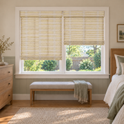 Custom Solenne 2 Shades on 1 Headrail Bamboo Shades - Buttercream - 2 independently raised panels in a bedroom