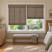 Custom Solenne 2 Shades on 1 Headrail Bamboo Shades - Misty Sage H11-7 - 2 independently raised panels in a bedroom