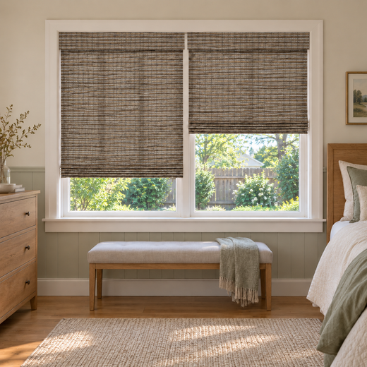 Custom Solenne 2 Shades on 1 Headrail Bamboo Shades - Misty Sage H11-7 - 2 independently raised panels in a bedroom