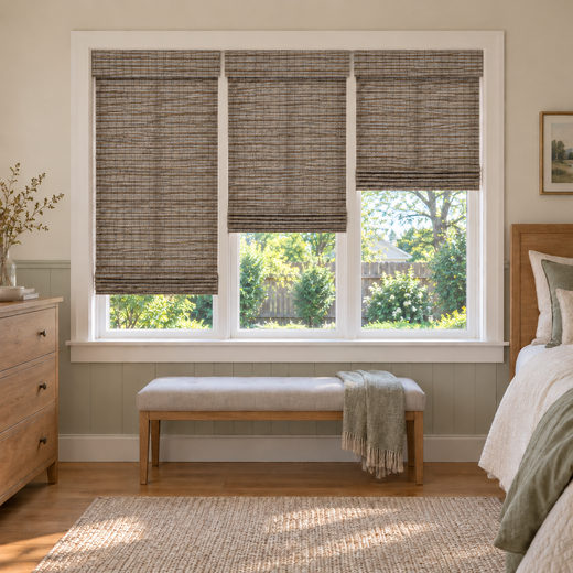 Custom Solenne 3 Shades on 1 Headrail Bamboo Shades - Misty Sage H11-7 - 3 independently raised panels in a bedroom