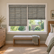 Custom Solenne 2 Shades on 1 Headrail Bamboo Shades - Ashwood Pine - 2 independently raised panels in a bedroom