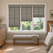 Custom Solenne 3 Shades on 1 Headrail Bamboo Shades - Ashwood Pine - 3 independently raised panels in a bedroom