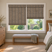 Custom Solenne 2 Shades on 1 Headrail Bamboo Shades - Olive Ash - 2 independently raised panels in a bedroom