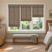 Custom Solenne 3 Shades on 1 Headrail Bamboo Shades - Olive Ash - 3 independently raised panels in a bedroom