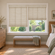 Custom Tessora 2 Shades on 1 Headrail Bamboo Shades - Ivory JU-01 - 2 independently raised panels in a bedroom