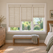Custom Tessora 3 Shades on 1 Headrail Bamboo Shades - Ivory JU-01 - 3 independently raised panels in a bedroom