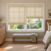 Custom Tessora 2 Shades on 1 Headrail Bamboo Shades - Coconut JU-04 - 2 independently raised panels in a bedroom