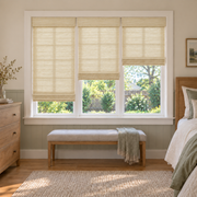 Custom Tessora 3 Shades on 1 Headrail Bamboo Shades - Coconut JU-04 - 3 independently raised panels in a bedroom