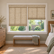 Custom Orelle 2 Shades on 1 Headrail Bamboo Shades - Freckle - 2 independently raised panels in a bedroom