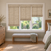 Custom Orelle 3 Shades on 1 Headrail Bamboo Shades - Freckle - 3 independently raised panels in a bedroom
