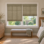 Custom Orelle 2 Shades on 1 Headrail Bamboo Shades - Backgammon - 2 independently raised panels in a bedroom