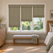 Custom Orelle 3 Shades on 1 Headrail Bamboo Shades - Backgammon - 3 independently raised panels in a bedroom