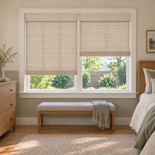 Custom Auvia 2 Shades on 1 Headrail Bamboo Shades - Sandstone NA002 - 2 independently raised panels in a bedroom