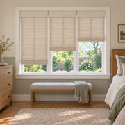 Custom Auvia 3 Shades on 1 Headrail Bamboo Shades - Sandstone NA002 - 3 independently raised panels in a bedroom