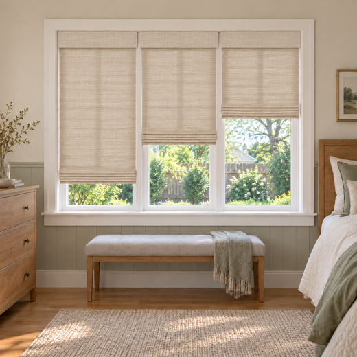 Custom Auvia 3 Shades on 1 Headrail Bamboo Shades - Sandstone NA002 - 3 independently raised panels in a bedroom