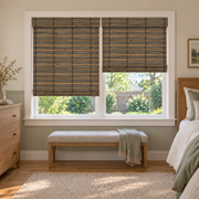 Custom Auvia 2 Shades on 1 Headrail Bamboo Shades - Coffee - 2 independently raised panels in a bedroom
