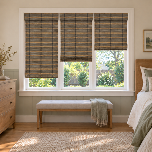Custom Auvia 3 Shades on 1 Headrail Bamboo Shades - Coffee - 3 independently raised panels in a bedroom