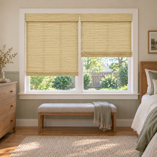 Custom Auvia 2 Shades on 1 Headrail Bamboo Shades - Cheese - 2 independently raised panels in a bedroom