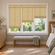 Custom Auvia 3 Shades on 1 Headrail Bamboo Shades - Cheese - 3 independently raised panels in a bedroom