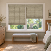 Custom Auvia 2 Shades on 1 Headrail Bamboo Shades - Hemp Grass - 2 independently raised panels in a bedroom