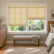 Custom Auvia 2 Shades on 1 Headrail Bamboo Shades - Butter NA0705 - 2 independently raised panels in a bedroom