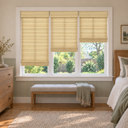 Custom Auvia 3 Shades on 1 Headrail Bamboo Shades - Butter NA0705 - 3 independently raised panels in a bedroom