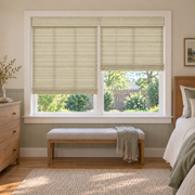 Custom Auvia 2 Shades on 1 Headrail Bamboo Shades - Birch Forest - 2 independently raised panels in a bedroom