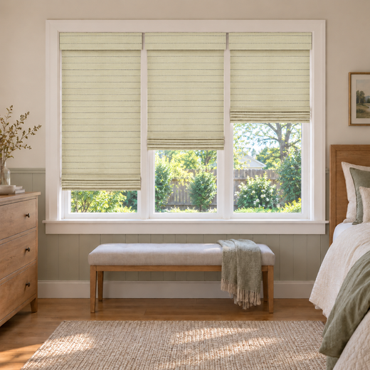 Custom Auvia 3 Shades on 1 Headrail Bamboo Shades - Birch Forest - 3 independently raised panels in a bedroom