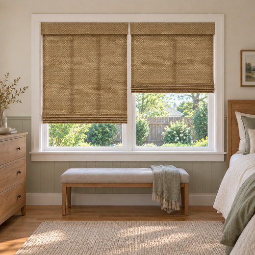 Custom Auvia 2 Shades on 1 Headrail Bamboo Shades - Light Brown - 2 independently raised panels in a bedroom