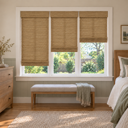 Custom Auvia 3 Shades on 1 Headrail Bamboo Shades - Light Brown - 3 independently raised panels in a bedroom