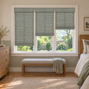 Custom Auvia 3 Shades on 1 Headrail Bamboo Shades - Grayish Blue - 3 independently raised panels in a bedroom