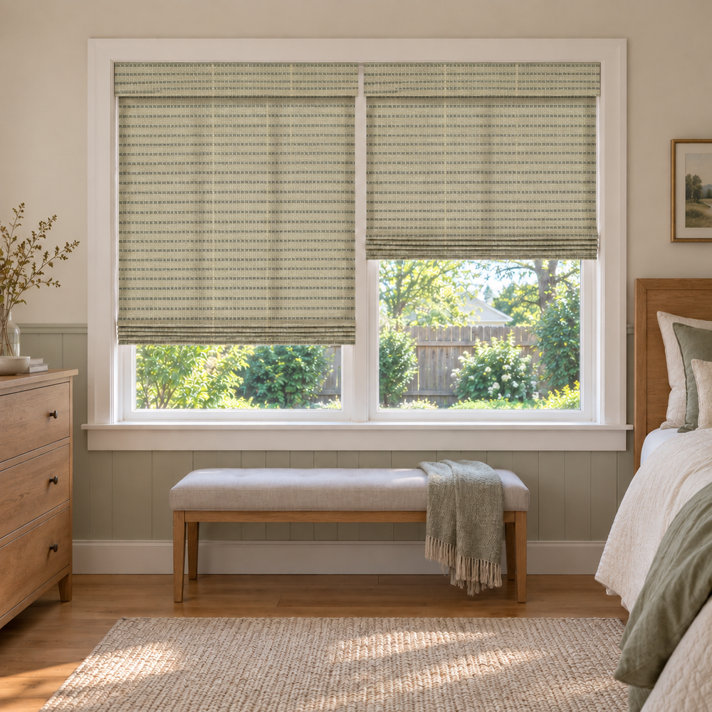 Custom Auvia 2 Shades on 1 Headrail Bamboo Shades - Avocado - 2 independently raised panels in a bedroom