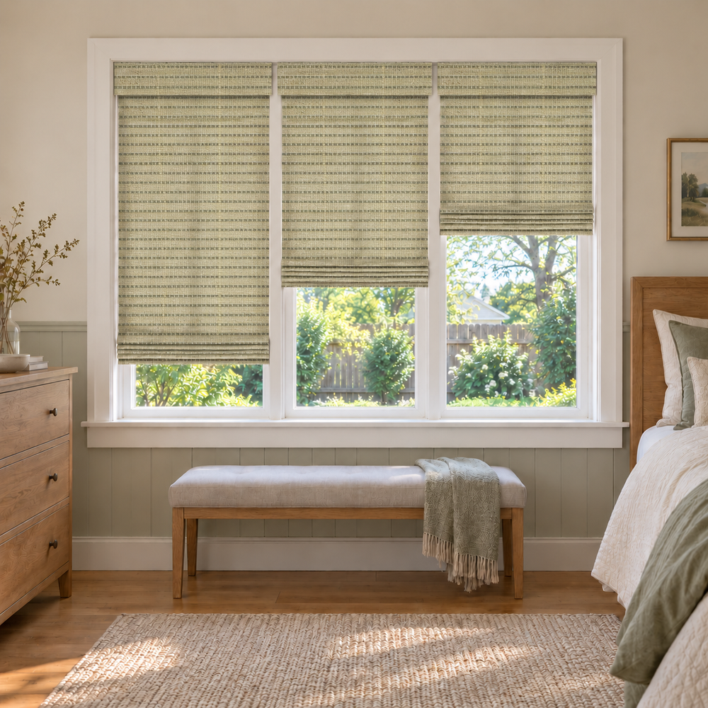 Custom Auvia 3 Shades on 1 Headrail Bamboo Shades - Avocado - 3 independently raised panels in a bedroom