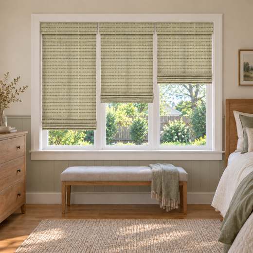 Custom Auvia 3 Shades on 1 Headrail Bamboo Shades - Avocado - 3 independently raised panels in a bedroom