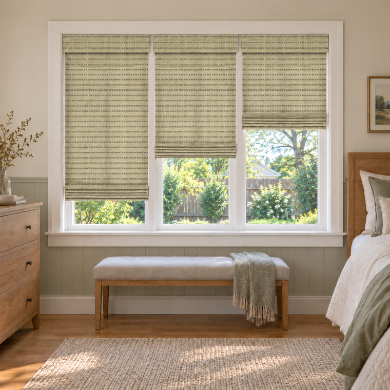 Custom Auvia 3 Shades on 1 Headrail Bamboo Shades - Avocado - 3 independently raised panels in a bedroom