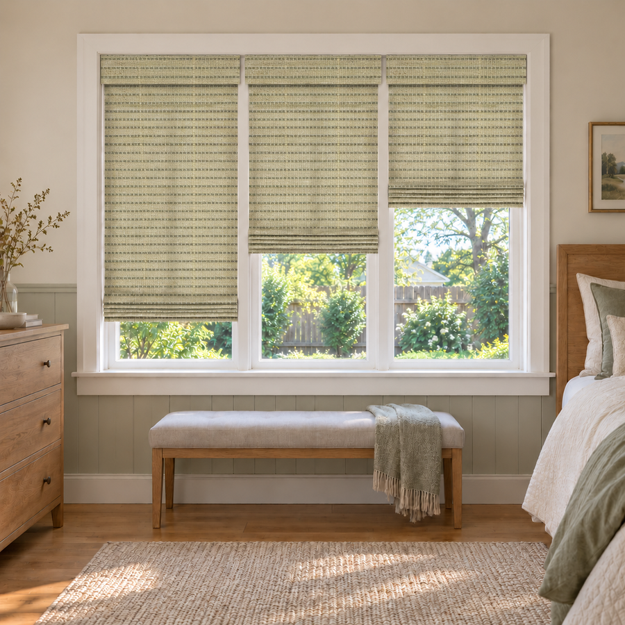 Custom Auvia 3 Shades on 1 Headrail Bamboo Shades - Avocado - 3 independently raised panels in a bedroom