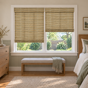 Custom Auvia 2 Shades on 1 Headrail Bamboo Shades - Tree Bark - 2 independently raised panels in a bedroom