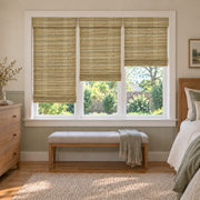 Custom Auvia 3 Shades on 1 Headrail Bamboo Shades - Tree Bark - 3 independently raised panels in a bedroom