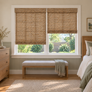 Custom Auvia 2 Shades on 1 Headrail Bamboo Shades - Brown - 2 independently raised panels in a bedroom