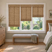 Custom Auvia 3 Shades on 1 Headrail Bamboo Shades - Brown - 3 independently raised panels in a bedroom