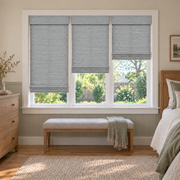 Custom Auvia 3 Shades on 1 Headrail Bamboo Shades - Cobblestone - 3 independently raised panels in a bedroom