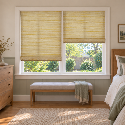 Custom Natural 2 Shades on 1 Headrail Bamboo Shades - Oatmeal Yellow NU-01 - 2 independently raised panels in a bedroom